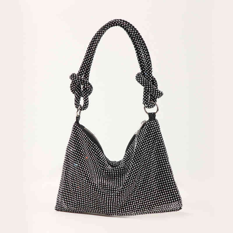 

New studded diamond evening tide flash knot Rhintone pure manual armpit banquet dinner bag, Black