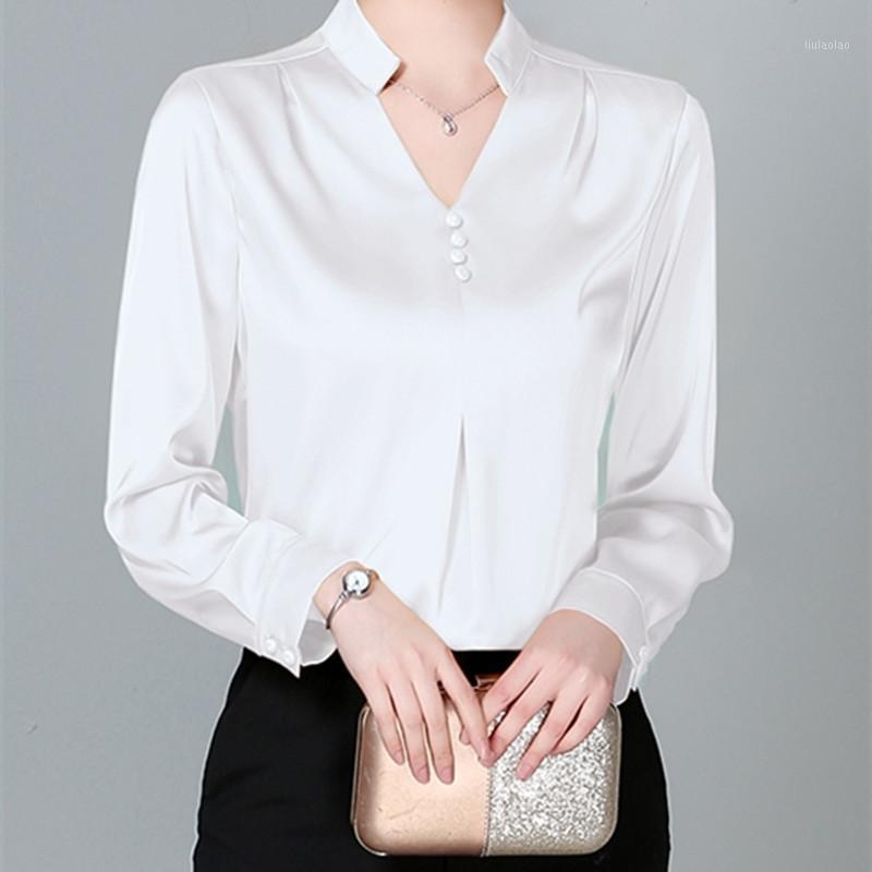 

Women' Blouses & Shirts Summer Solid Satin Shirt For Women Long Sleeve Blouse Clothing 2022 White V-neck Female Trf, Green