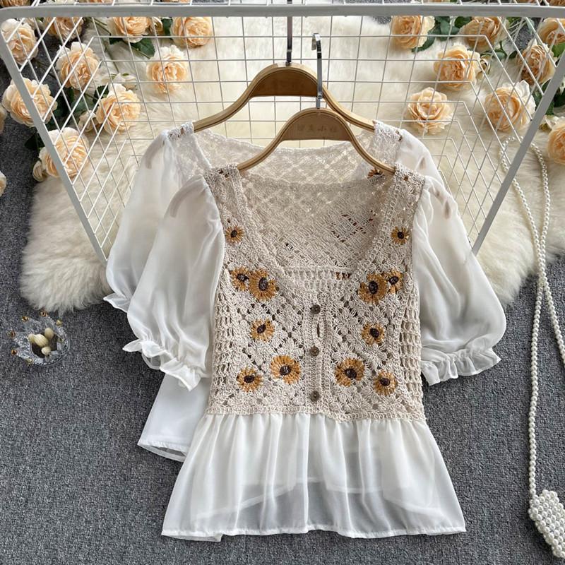 

Women's Blouses & Shirts Design Hook Flower Hollowed Out Embroidery Knit Stitched Chiffon Shirt Women's Short Top Blusas Mujer De Moda 2, White