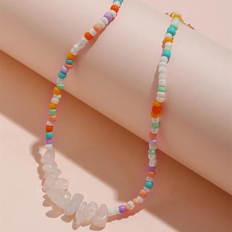 

Pendant Necklaces Fashion Boho Ethnic Mixed Color Beads White Stone Chain Choker Necklace For Women Female Vintage Cute Collar Clavicle Jewe