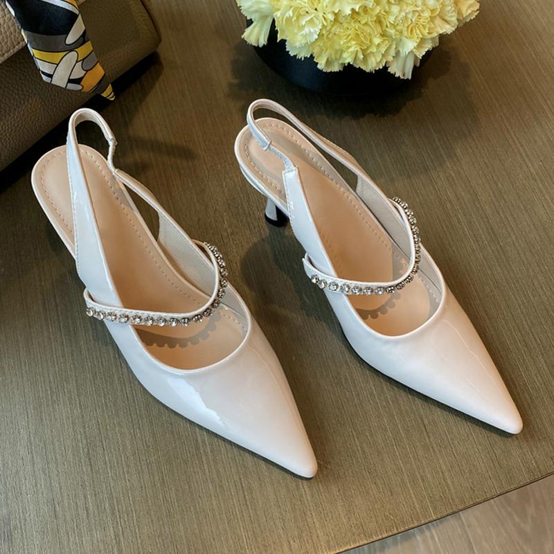 

Dress Shoes Patent Leather Pumps Women Mary Jane Summer 2022 Pointed Stiletto High Heels Rhinestone Slingback Sandals Wedding, Black