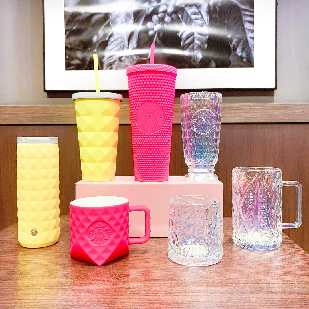 New Starbucks cup summer Barbie Pink colorful diamond cut fluorescent yellow mark glass durian straw cup-image-760161979