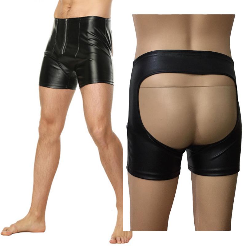 

Underpants Men Sexy PU Leather Wet Look Open BuGay Boxer Brief Night Club Shorts Underwear Fetish Role Play Costume LingerieUnderpants, Black