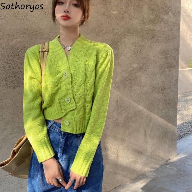 

Women's Knits & Tees Cardigan Women Crop Tops Knitted Sweater Long Sleeve Loose Solid V-neck Spring Autumn Casual Outwear Korean Style Fashi, White