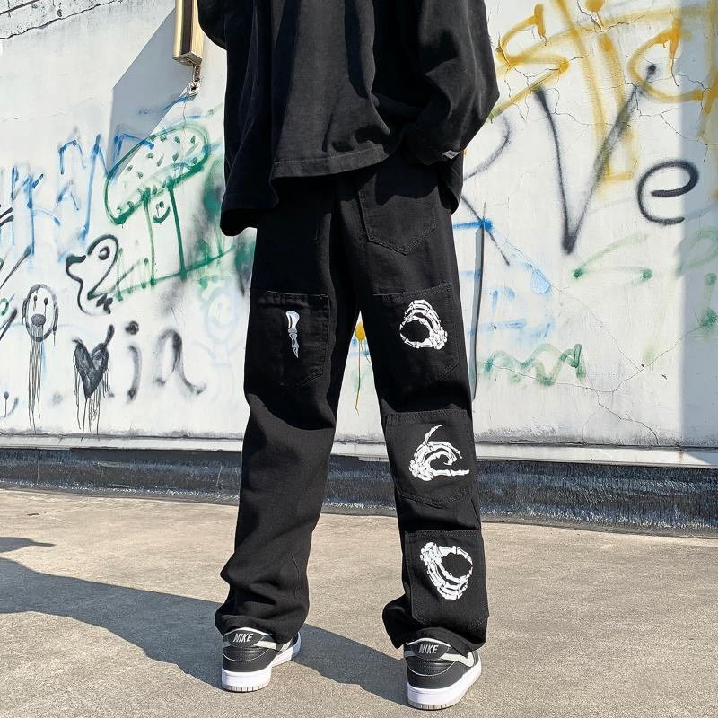 

Men' Jeans Harajuku Back Hand Print Black Mens Jean Pants Multi-pockets Streetwear Oversize Straight Baggy Casual Denim Trousers