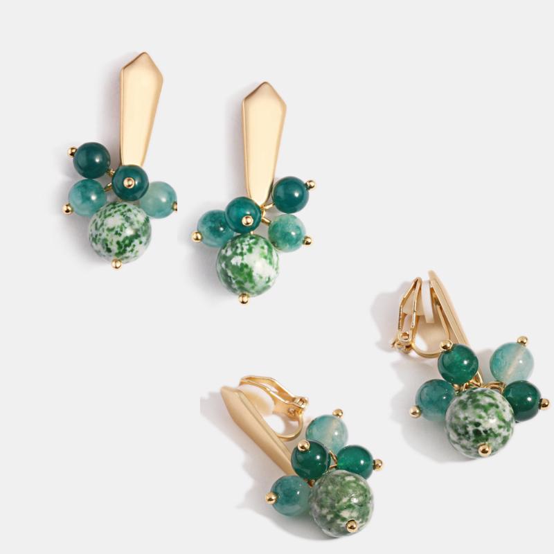 

Clip-on & Screw Back Elegant Green Natural Stone String Beads Gold Minimlist Clip On Earrings Without Pierced For Women Girl Ear Clips Gift