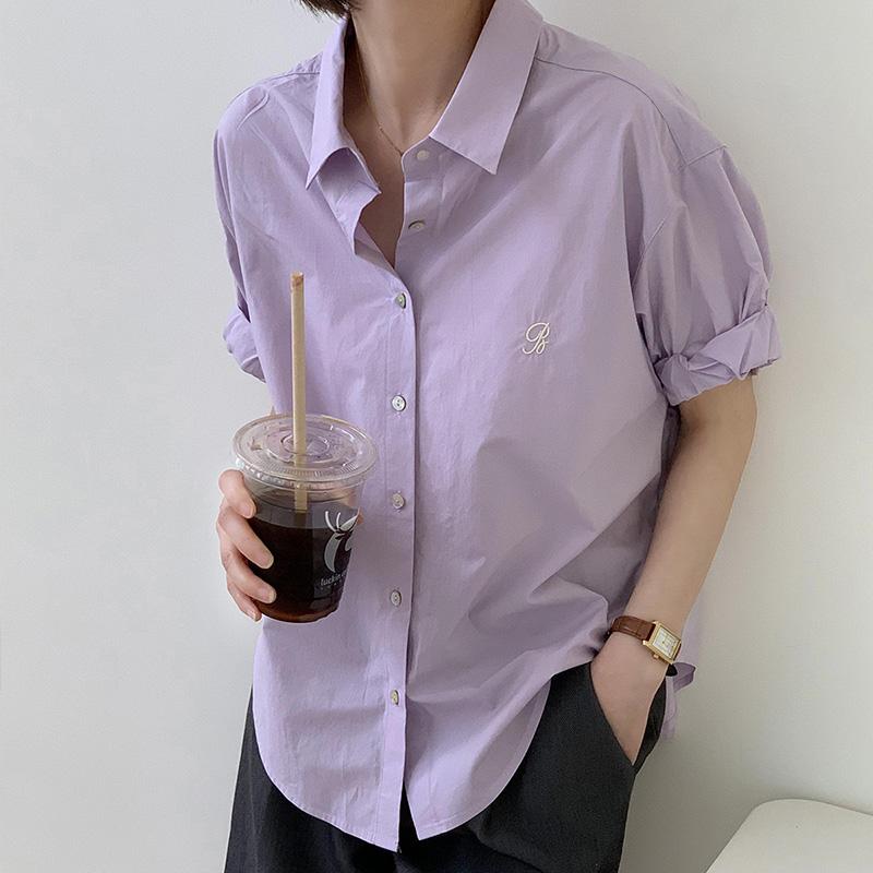 

Women's Blouses & Shirts Summer Women Blouse Vintage Letter Embroidery Basic Short Sleeve Rolled Loose Casual Shirt Elegant Ladies Clothing, Ivory