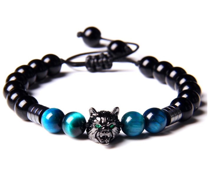 

8mm wolf head Natural Tiger Eye Stone Beads Bracelet 8mm Round Gem Stone Beaded Energy Bracelet Buddha Jewelry for Women Men weh3