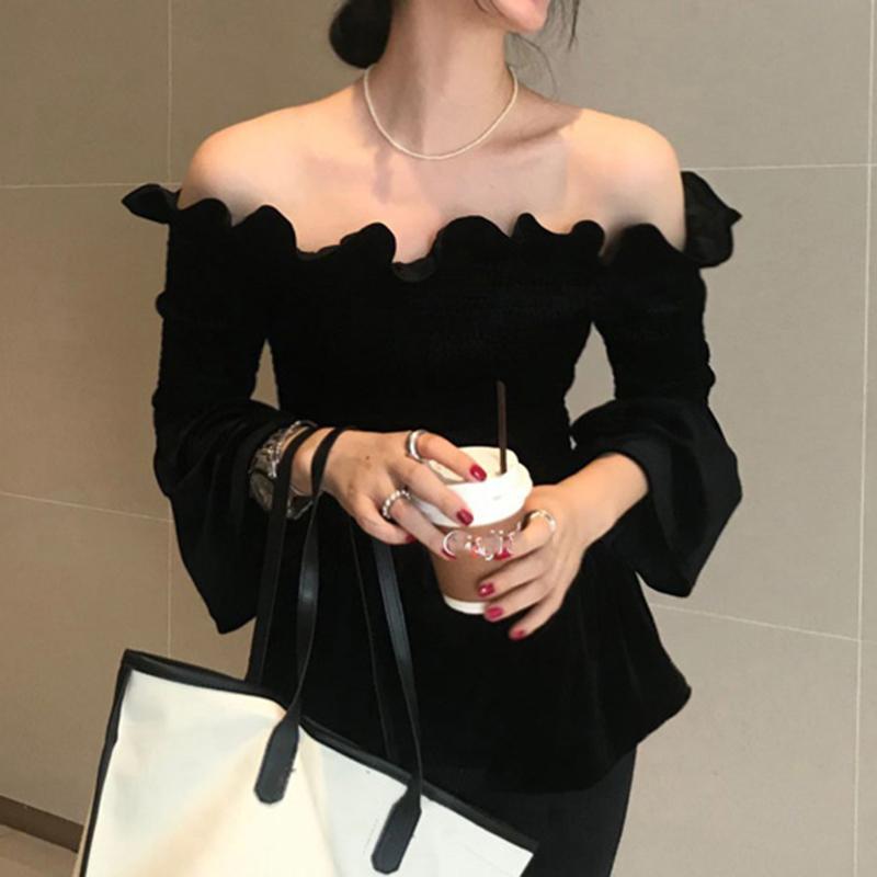 

Women's Blouses & Shirts French Style Feminine Salsh Neck Off Shoulder Blouse Women Design Slim Trumpet Sleeve Velvet Shirt Elegant Vintage, Black