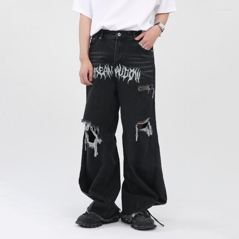 

Men' Jeans Men Korean Version Trend Letter Printing Loose Ripped Edge Hip Hop Design Trousers Street Clothing Ins Men'sMen' Heat22, Black
