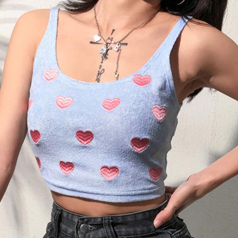 

Women' Tanks & Camis Womens Femme Streetwear Heart/Cherry Embroidered Cropped Tank Top Summer Cute Japan Sleeveless Tops Camisole Vest For, Blue cherry