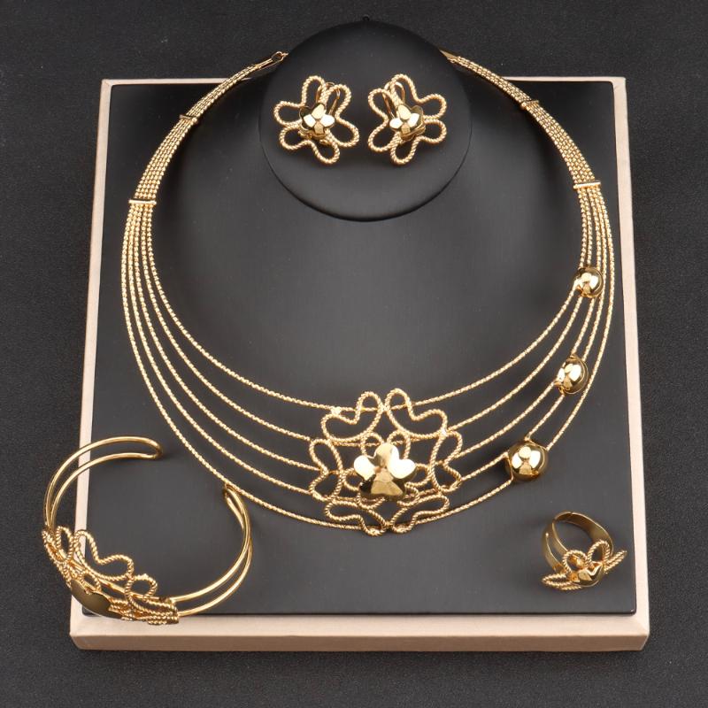 

Earrings & Necklace Dubai Gold Color Jewelry Sets For Women 2022 Nigerian Wedding African Flower Rings Bracelet Bridal GiftEarrings, As pic