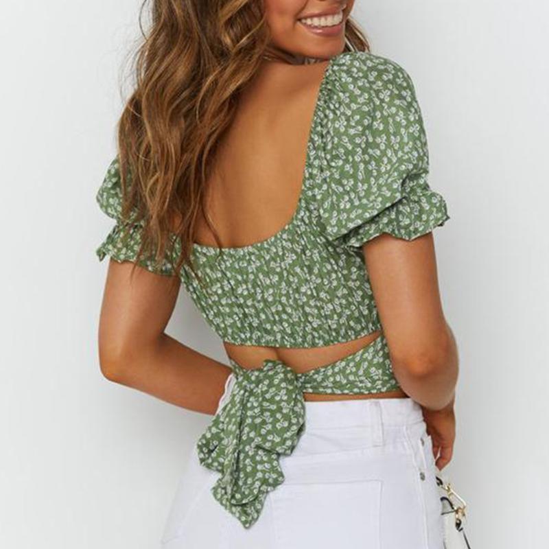 

Women's Blouses & Shirts White Linen Shirt Women Pleated Elegant Top Short Sleeve Printing Tie Back Crop Off Shoulder Sexy Graphic TeeWomen', Green