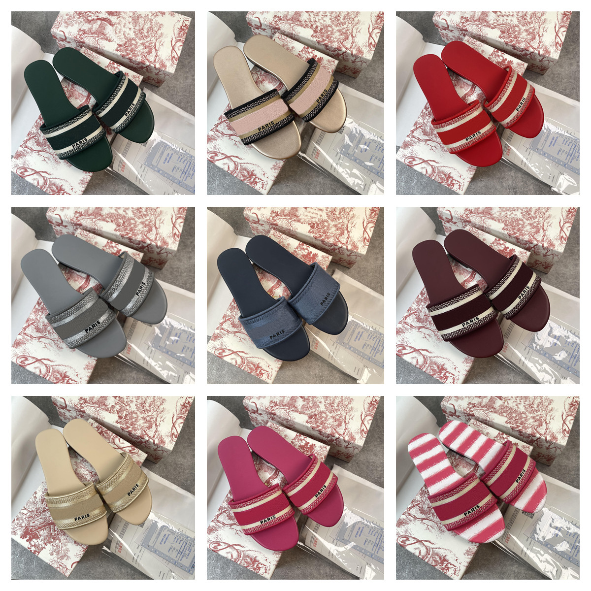 

Designer Paris Embroidered Dazzle Slippers Woman Ladies Diors Scuffs Summer Beach Flat Slide Sandals Slipper Women, 27