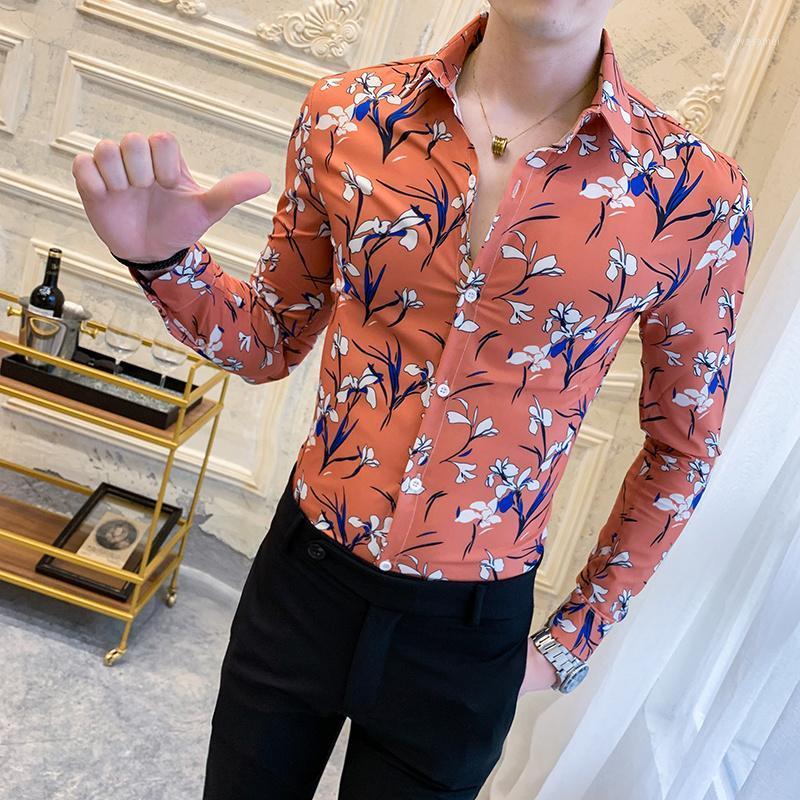 

Men's Casual Shirts Camisa Inverno Masculina Print Shirt Men Slim Party Dress Long Sleeve Club Prom Chemise Homme Manche Longue, Yellow