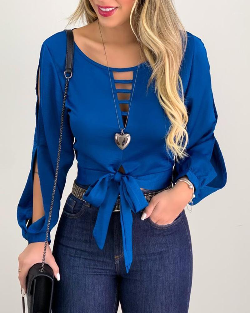 

Women's Blouses & Shirts 2022 Women Fashion Elegant Casual Hollow Out Long Sleeve Blouse Shirt Woman Solid Bow Design Tie Front Cut Top, Blue