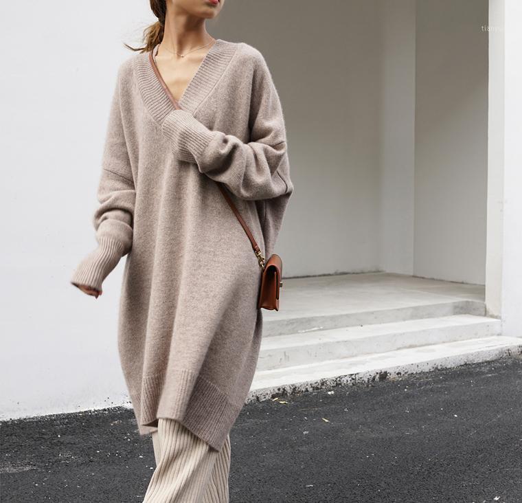 

Casual Dresses Oversized Dress Autumn Winter Fashion Knitting V-neck Thick Sweater Women YOU757, Beige