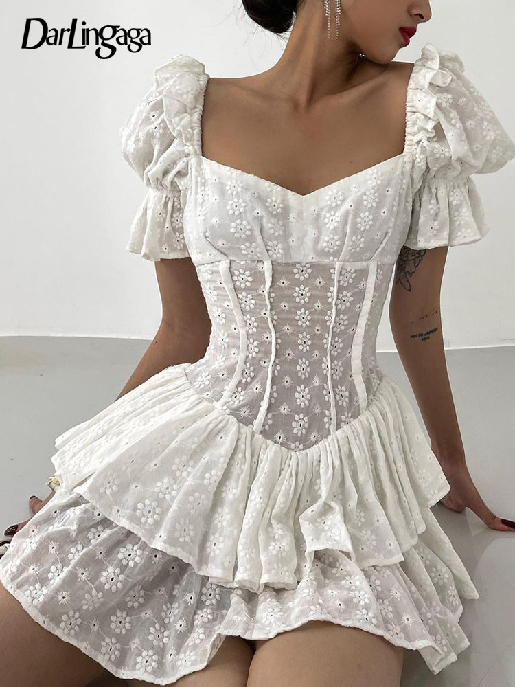 

Darlingaga Square Collar Chic Summer White Dress Female Fashion Hollow Stitching Corset Party Dress Pleated Double Layer Outfits
