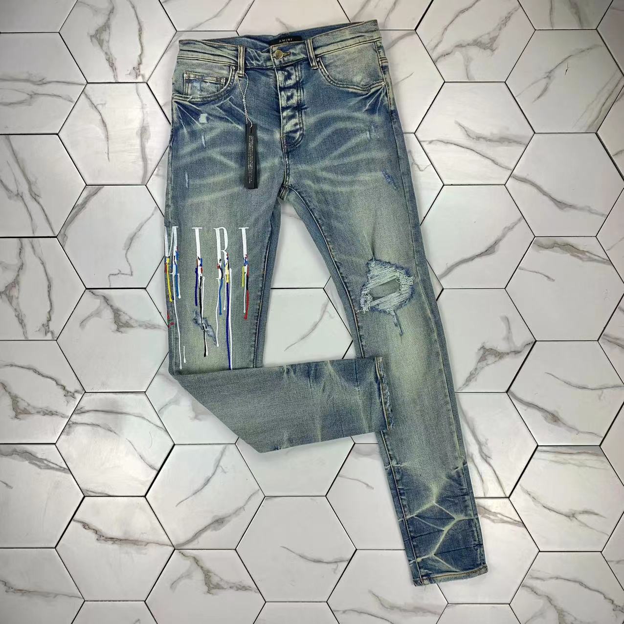 

HM530 High quality Mens jeans Distressed Motorcycle biker jean Rock Skinny Slim Ripped hole stripe Fashionable snake embroidery Denim pants, Blue