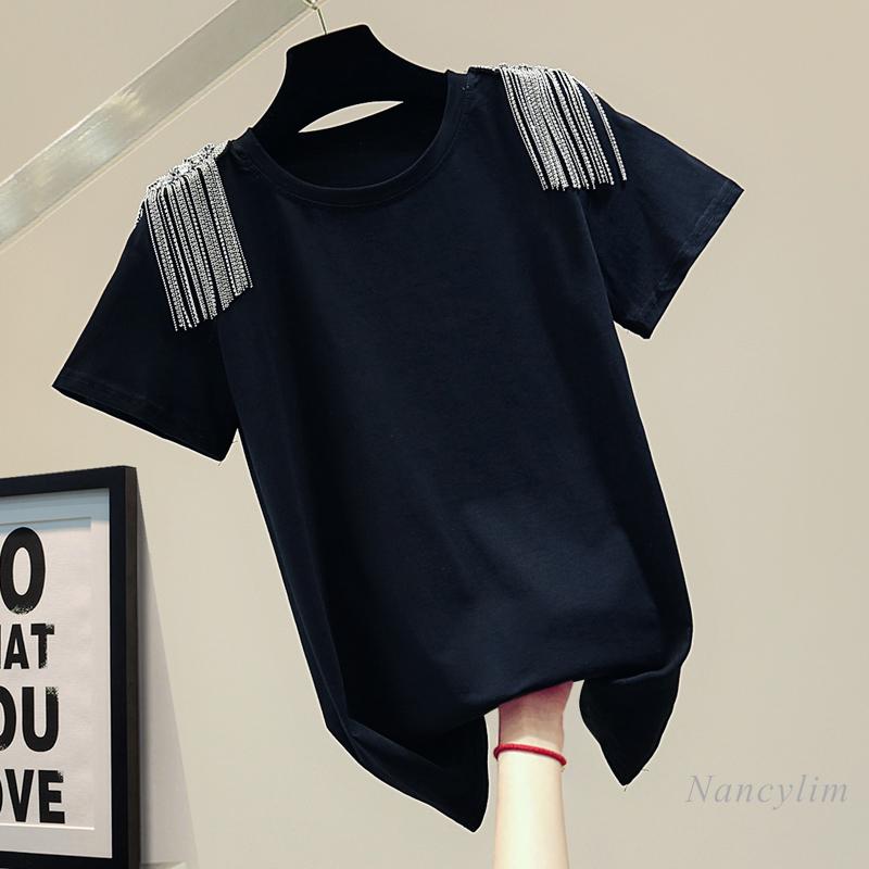 

Women' T-Shirt Rhinestone Chain Tassel Shoulder Short Sleeve Women 2022 Summer Korean Style Slim Fit Temperamental All-Match Lady Tops, Black
