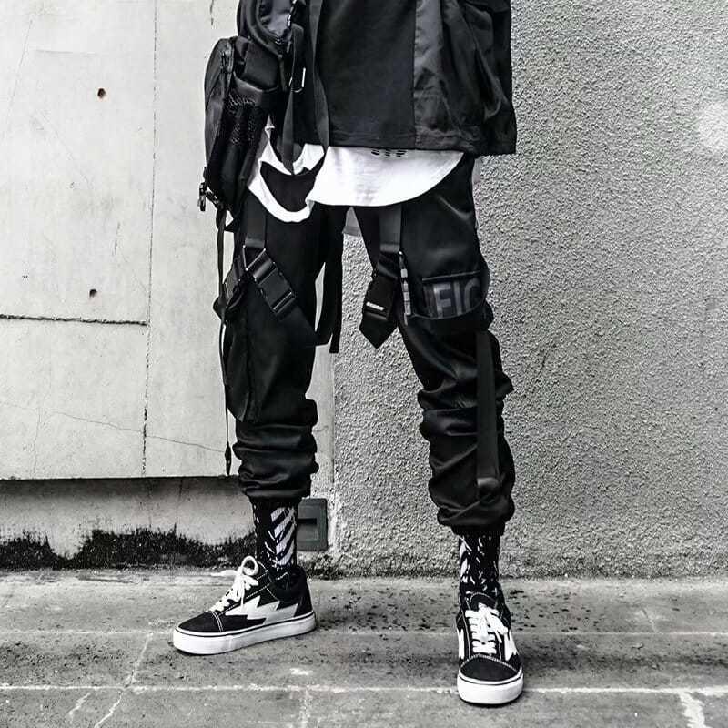 

Men' Pants Men Cargo Joggers Hip Hop Techwear Streetwear Casual Gothic Trousers Male Summer Black Sweatpants Ribbons, Xk22