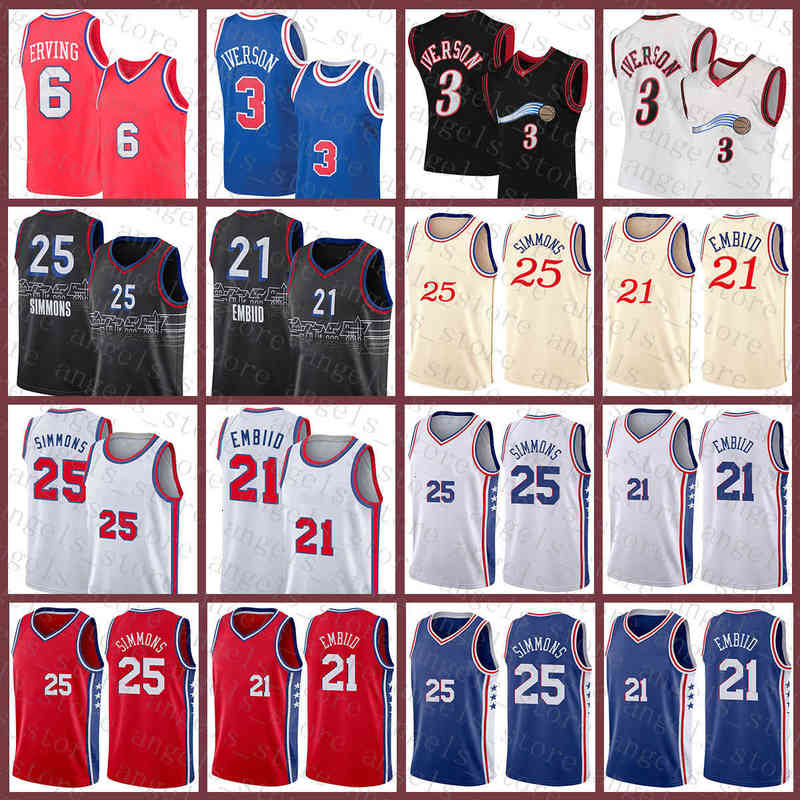 New Joel Embiid Basketball Jersey Ben 25 Simmons Mens Allen 3 Iverson Julius 6 Erving Black-image-763005686