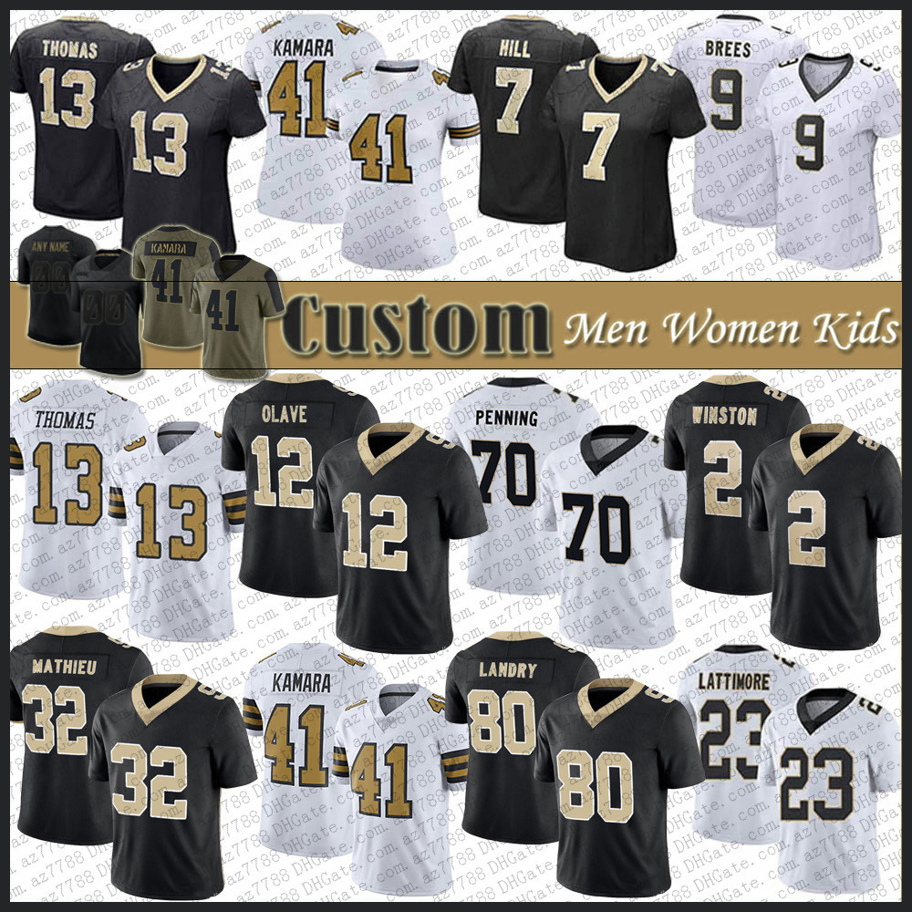 

12 Chris Olave 70 Trevor Penning Custom Football Jersey 32 Tyrann Mathieu 80 Jarvis Landry Alontae Taylor Alvin Kamara Michael Thomas Taysom Hill Marshon Lattimore, Shown