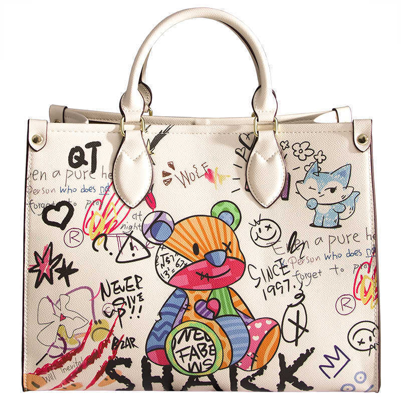 

2022 new Bags purses Handbags women new fashion cartoon graffiti high capacity Tote Bag white leather Handbag Commuter bags female, Little bear white