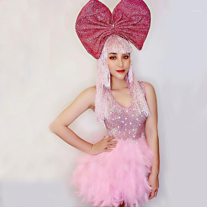 Robes décontractées Sparkly Strass Rose Dos Nu Robe De Plume Femmes Fête D'anniversaire Coiffe Spectacle Performance Discothèque Bar Costume De D