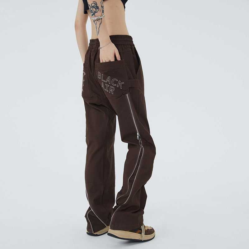 

Back Letter Pockets Long Zipper Black Brown Men's and Women's Cargo High Street Straight Casual Baggy Trousers