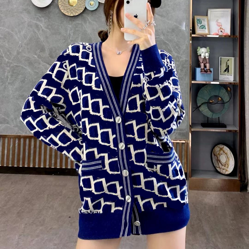 Designer de haute qualité tricot pour femmes cardigan bleu noir en V