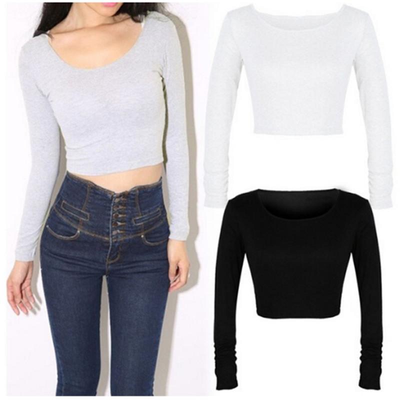 

Women's Swimwear Sexy Women Summer Cotton Blend Breathable T-shirts Long Sleeve O-neck Solid Tees Casual Navel Bare Tops Slim Fit TopsWomen', Black