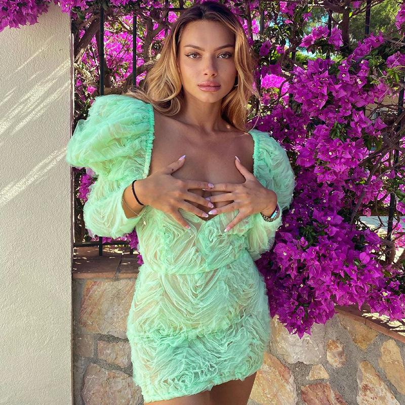

Casual Dresses Sexy Mesh Sheer Mini Dress 2022 Women Autumn Foral Puff Long Sleeve Low-chest Party Fashion Ladies VestidosCasual, Green