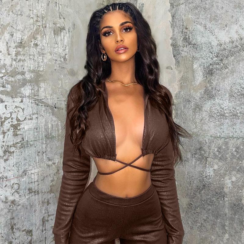 

Women' Two Piece Pants Skinny Cardigan Clothing For Women Autumn Winter Club Party Suit Long Sleeve Top Leggings Female Slim Lacing Corset, Coffee