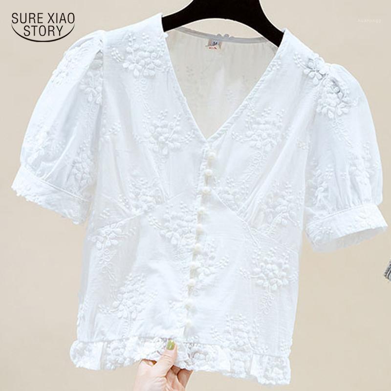 

Women' Blouses & Shirts 2022 Summer Style Retro Woman Shirt High Waist Short Vneck Intellectual Female Puff Sleeve Lace Lady Blusa 15470, White