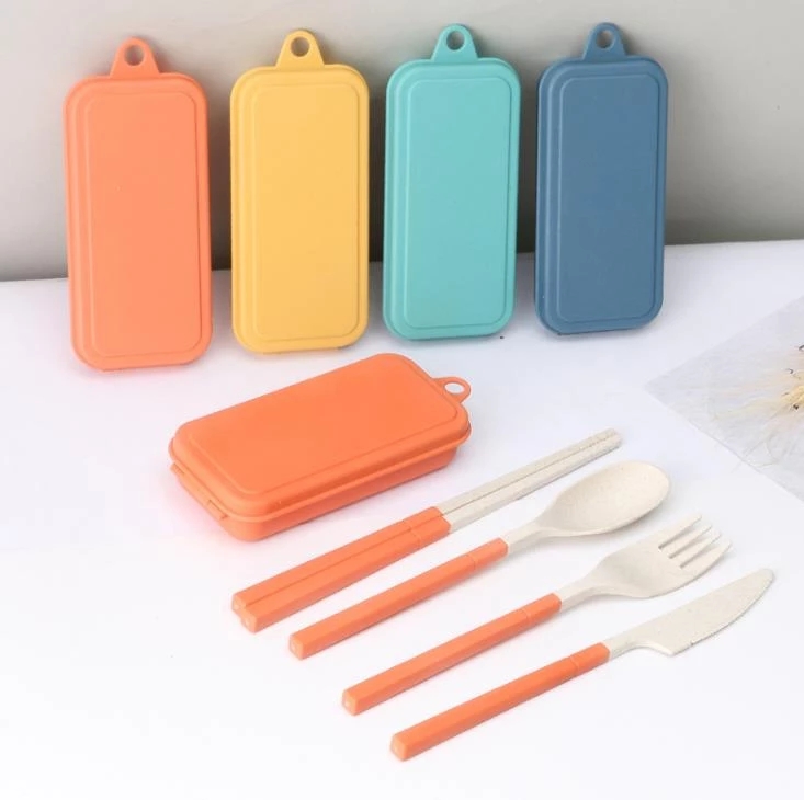 

Wheat Straw Cutlery Set Portable Multicolor Storage Box Knife Fork Spoon Chopsticks Travel Eco-friendly Cutlery Inventory Wholesale