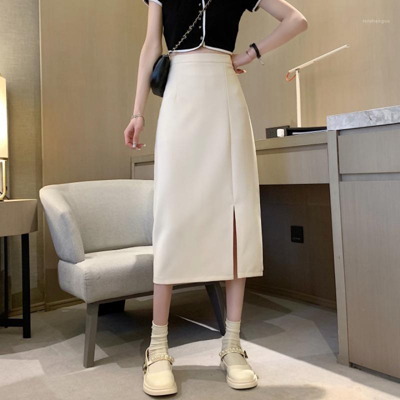 

Spring And Summer 2022 A-line Skirt Korean Version Of The High Waist Mid-length Thin Split Suit Skirts, Black