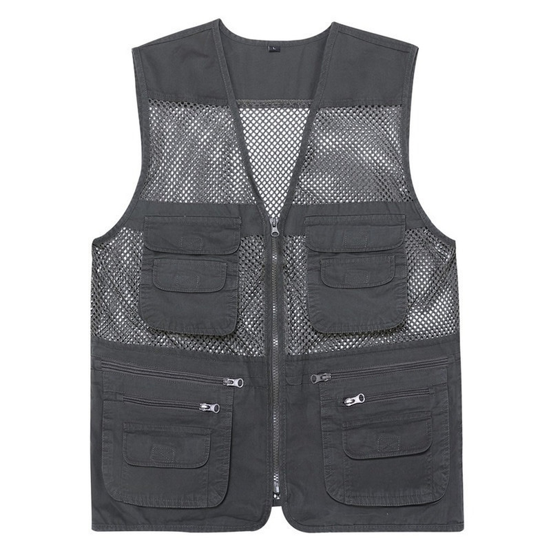 

Casual Loose Cotton Men Vest V-Neck Mesh Zipper Sleeveless Mens Jacket Spring Summer Male Vest With Many Pockets 220316, Army green
