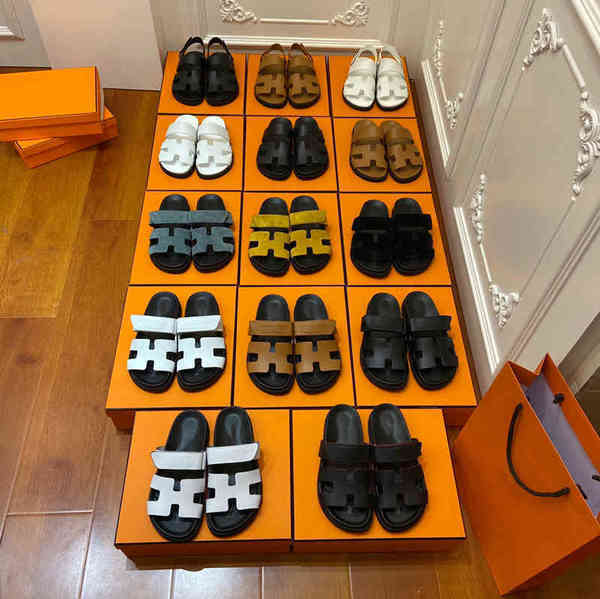 

Herme Sliders Slippers chypre sandal palmprint Leather Suede Velcro flat slippers sandals second uncle old, Grey yangjing velcro slippers