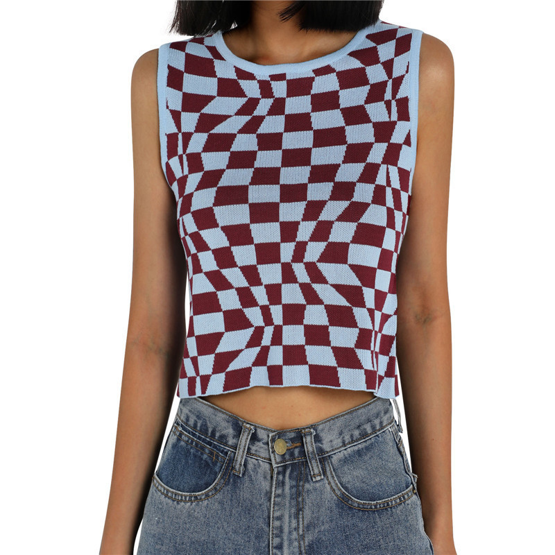 

Women' Stretchy Crop Tops Trendy Irregular Plaid Print Sleeveless Crew Neck Ribbed Knitted T-Shirts Summer Retro Slim Tank Top, Yellow