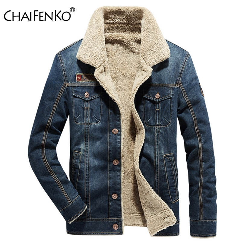 

CHAIFENKO Mens Winter Warm Brand Casual Denim Jacket Parkas Men Windproof Fleece Thick Coat Men Fashion Fur Collar Men Jacket 220816, Blue