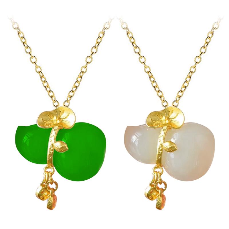 

Chains Silver Natural Hetian White Chalcedony Gourd Mouse Pendant Necklace Charm Niche Design Box Women Brand Jewelry