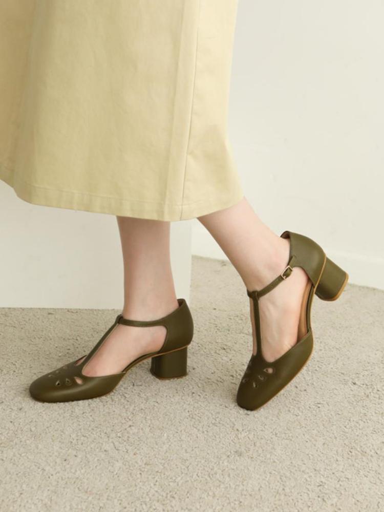 

Sandals Women Shoes 2022 Rouj Summer Hollow Out T-strap Thick Heel Ladies Casual Medium ShoesSandals, Nude