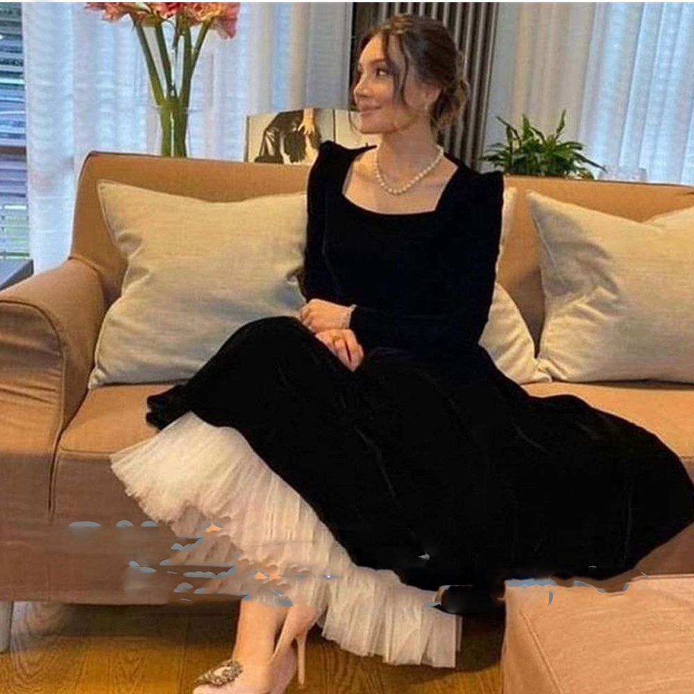 

Modest Black Velvet Evening Dresses Long Sleeve Square Collar White Bottom Tea Length Formal Party Simple Prom Gowns, Green