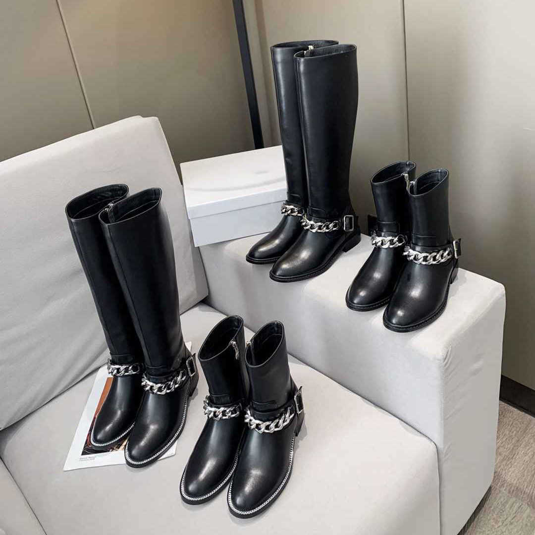 

Women metal chain knight boots fashion autumn winter woman leather ankle boot top designer luxury ladies Motorcycle booted shoes size 35-41