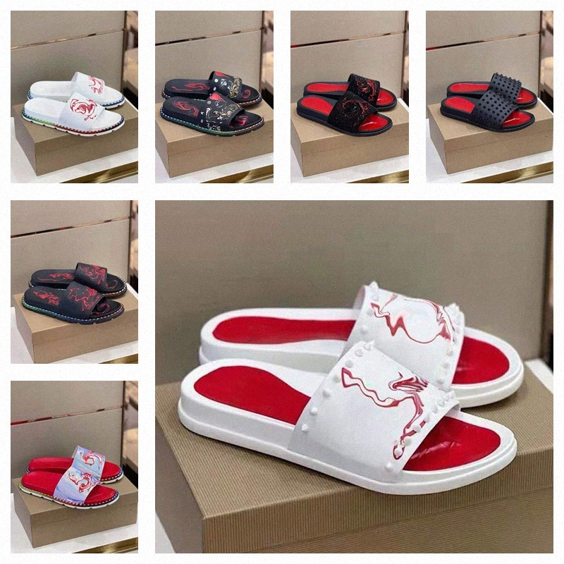 2022 Designer Bottoms Red Bottoms Sladders Studs Sandales en daim rivet Mentes Imprimées Chaussures plates Summer Red Sole épaisse Sole extérieur