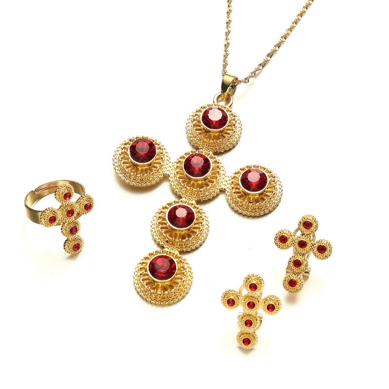 

Earrings & Necklace Red Zircon Crystal Ethiopian Cross Stud Ring African Bridal Habesha Eritrea Dubai Gold Wedding Jewelry SetEarrings, As pic
