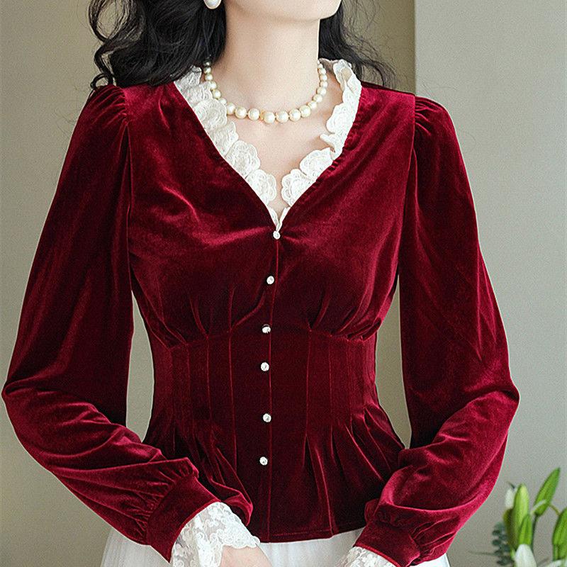 

Women' Blouses & Shirts Fall Spring Womens Vintage Ruffles Lantern Sleeve Wine Red Black Velvet Blouse Tops , Woman Slim Lace Patchwork Vel
