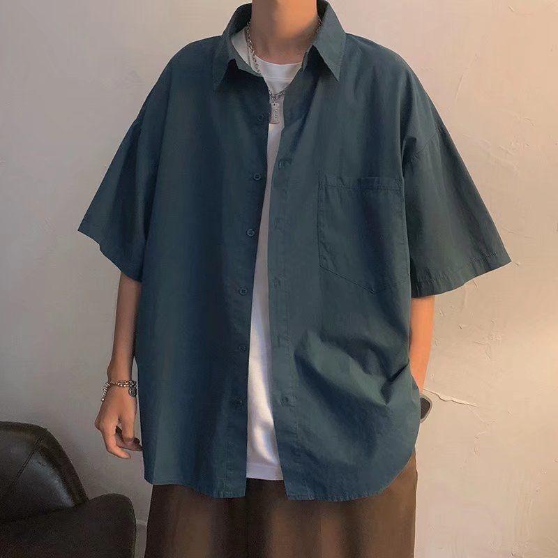 

Men's Casual Shirts Summer Short Sleeve Shirt Men Fashion Retro Mens Japanese Streetwear Loose Dark Green Pocket -2XLMen's