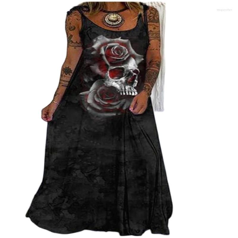 

Casual Dresses Summer 2022 Fashion Europe-USA Punk Style Women Retro Skullen Head Printed Sleeveless Loose Big Pendulum Condole Belt Dress 4, Black
